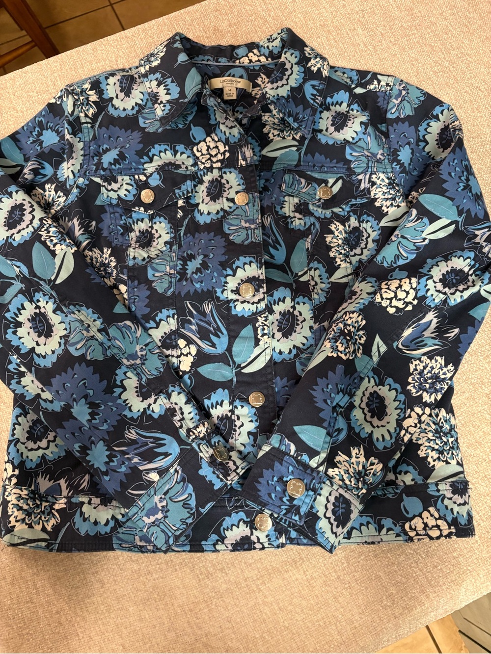 Liz Claiborne Floral Button-Front lightweight denim Jacket in Navy Blue Size‎ 14